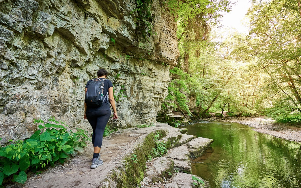 Person hiking along a rocky path beside a stream in the Black Forest, Germany.