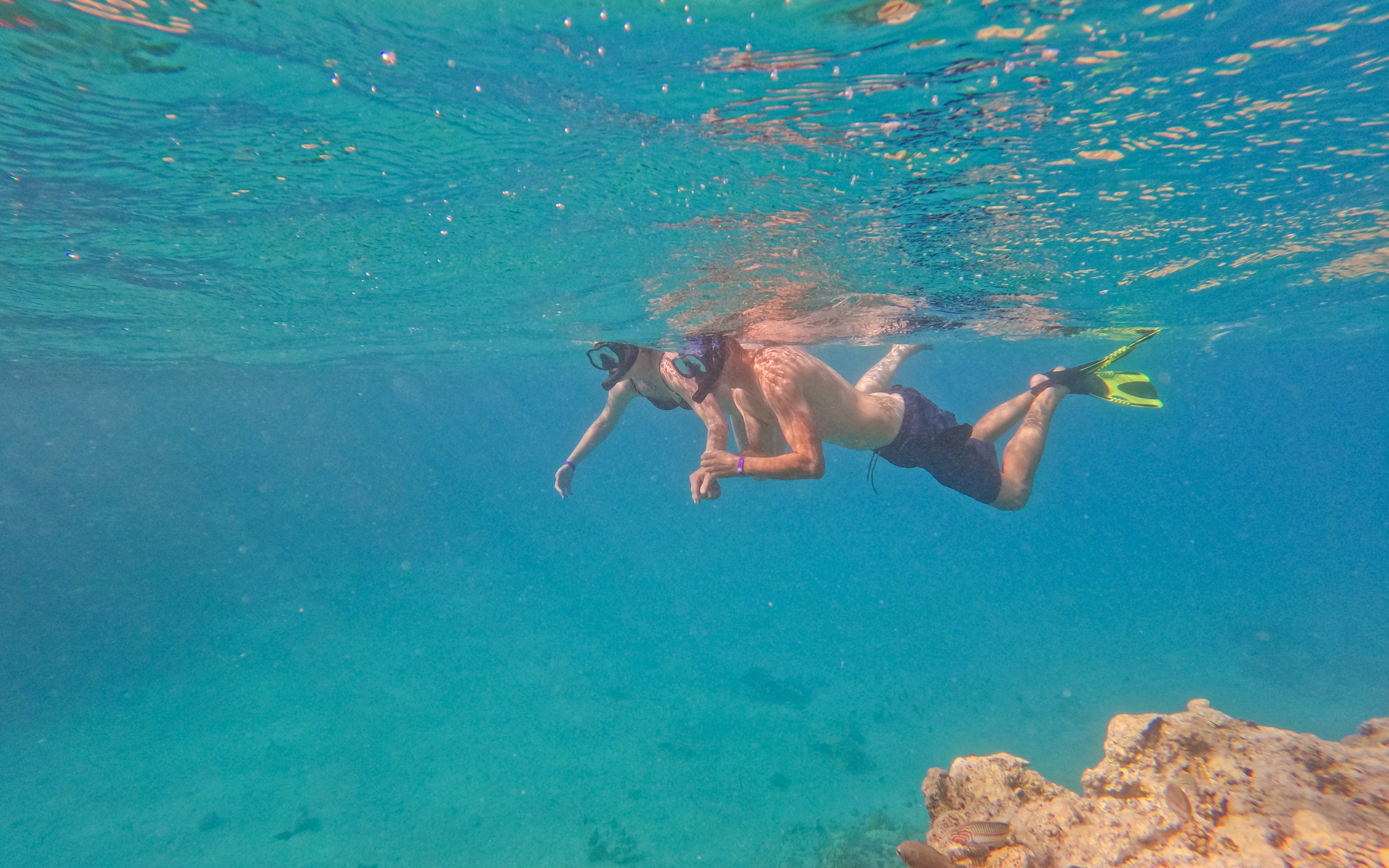 Two people snorkeling over a coral reef in clear blue water.