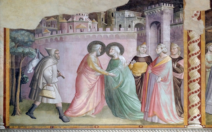 Fresco inside Santa Croce Basilica depicting a biblical scene with historical architecture.