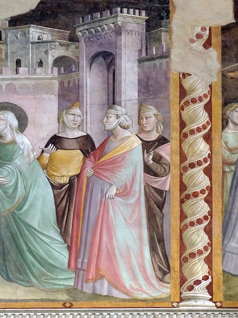 Fresco inside Santa Croce Basilica depicting a biblical scene with historical architecture.