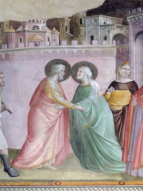 Fresco inside Santa Croce Basilica depicting a biblical scene with historical architecture.