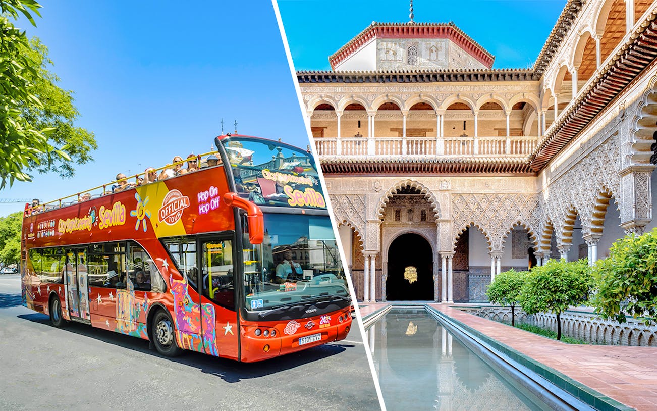 Hop-on-hop-off bus in Seville and Alcázar courtyard with arches and reflecting pool.