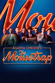 Agatha Christie's The Mousetrap cast in period costumes holding a newspaper.