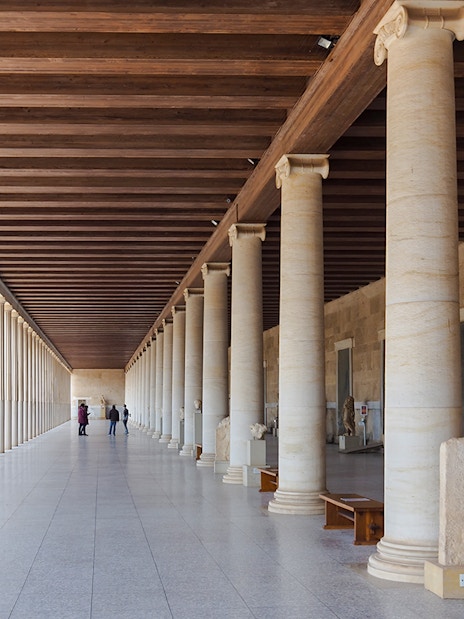 Temple of Hephaestus interior with columns, Ancient Agora, Athens, Greece.