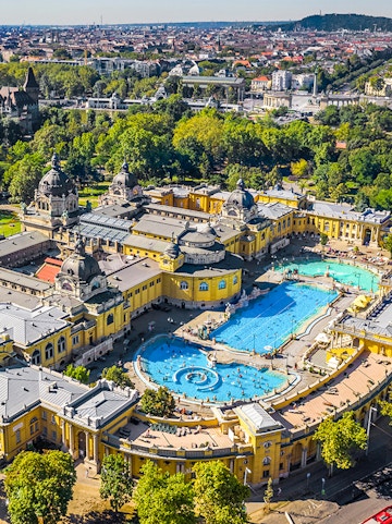 Széchenyi Thermal Bath aerial view, Budapest, Hungary.