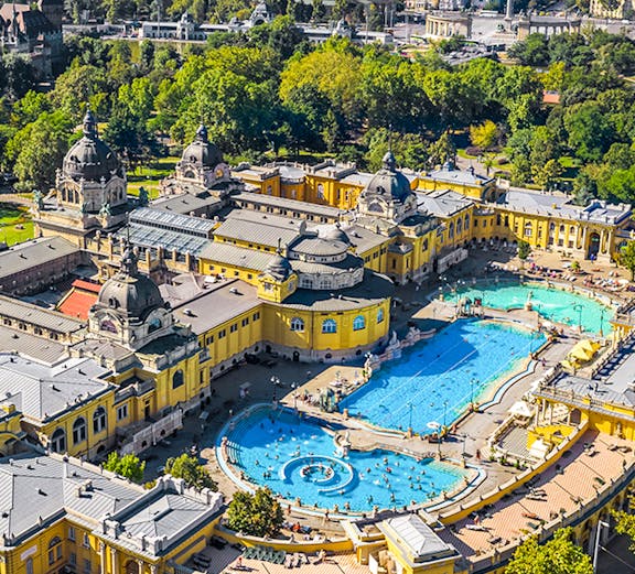 Széchenyi Thermal Bath aerial view, Budapest, Hungary.