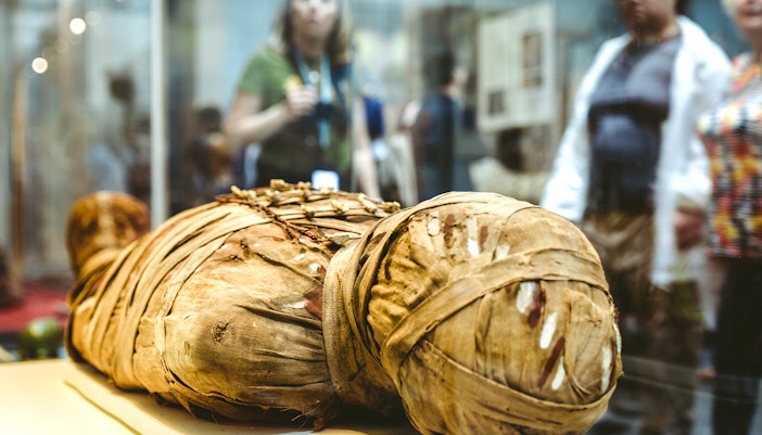 Ancient mummy display at the British Museum with visitors in the background.