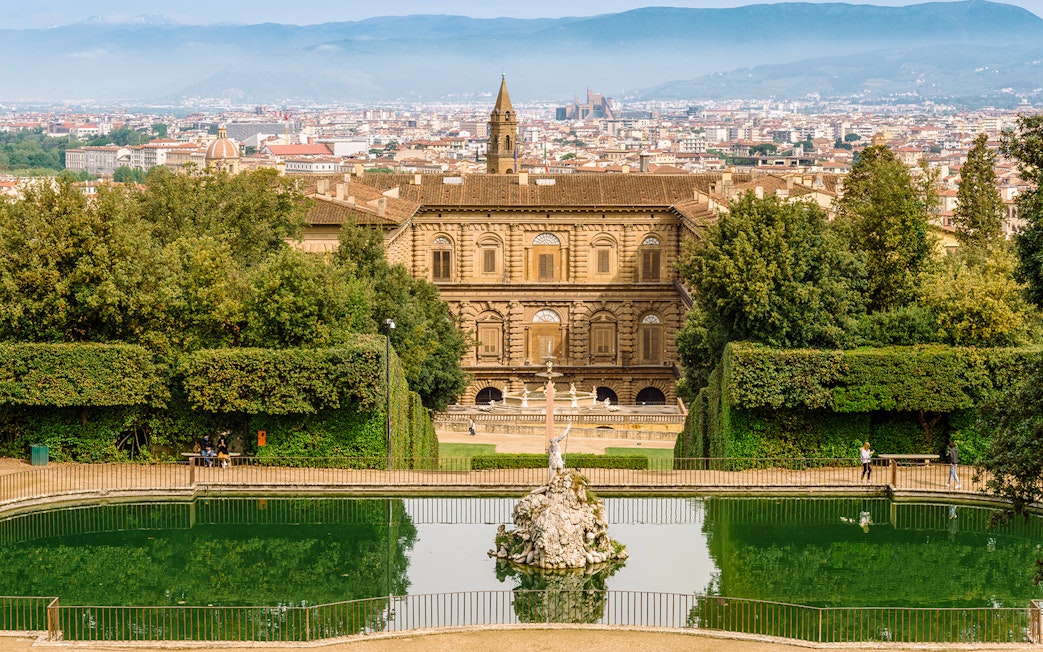 Palazzo Pitti and fountain viewed from Boboli Gardens, Florence.