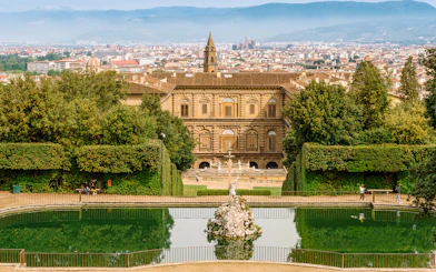 Palazzo Pitti and fountain viewed from Boboli Gardens, Florence.