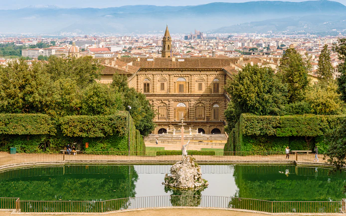 Palazzo Pitti and fountain viewed from Boboli Gardens, Florence.