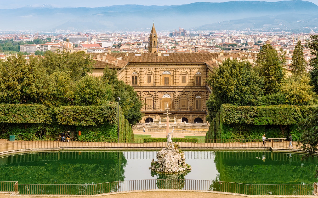 Palazzo Pitti and fountain viewed from Boboli Gardens, Florence.