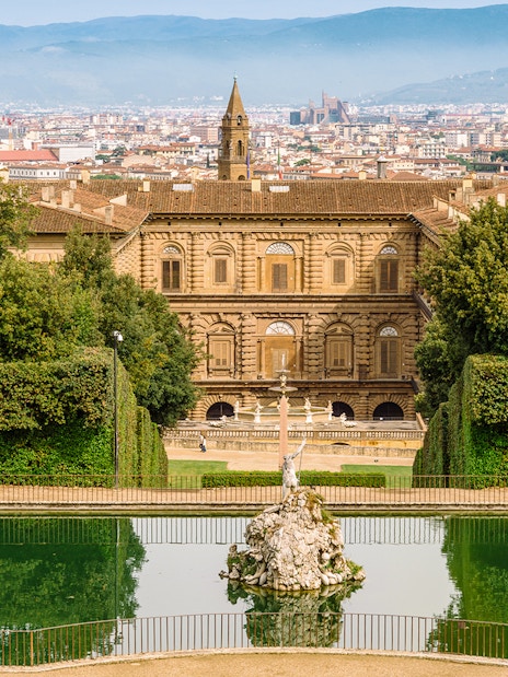 Palazzo Pitti and fountain viewed from Boboli Gardens, Florence.