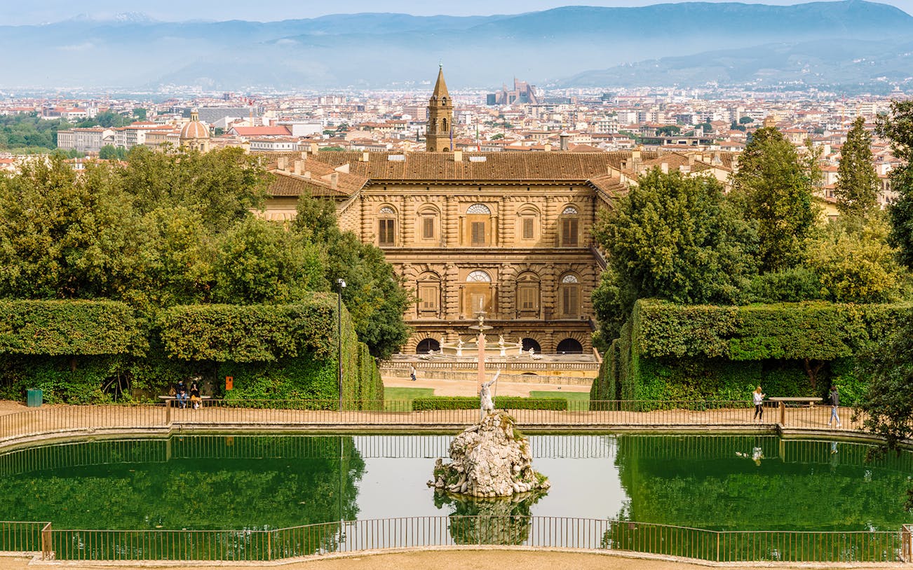 Palazzo Pitti and fountain viewed from Boboli Gardens, Florence.