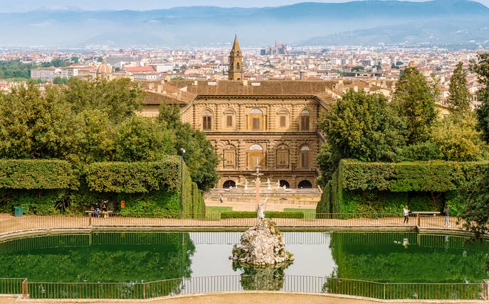 Palazzo Pitti and fountain viewed from Boboli Gardens, Florence.