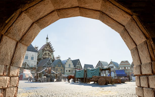 Medieval Prague market scene viewed through stone archway, part of virtual reality tour.