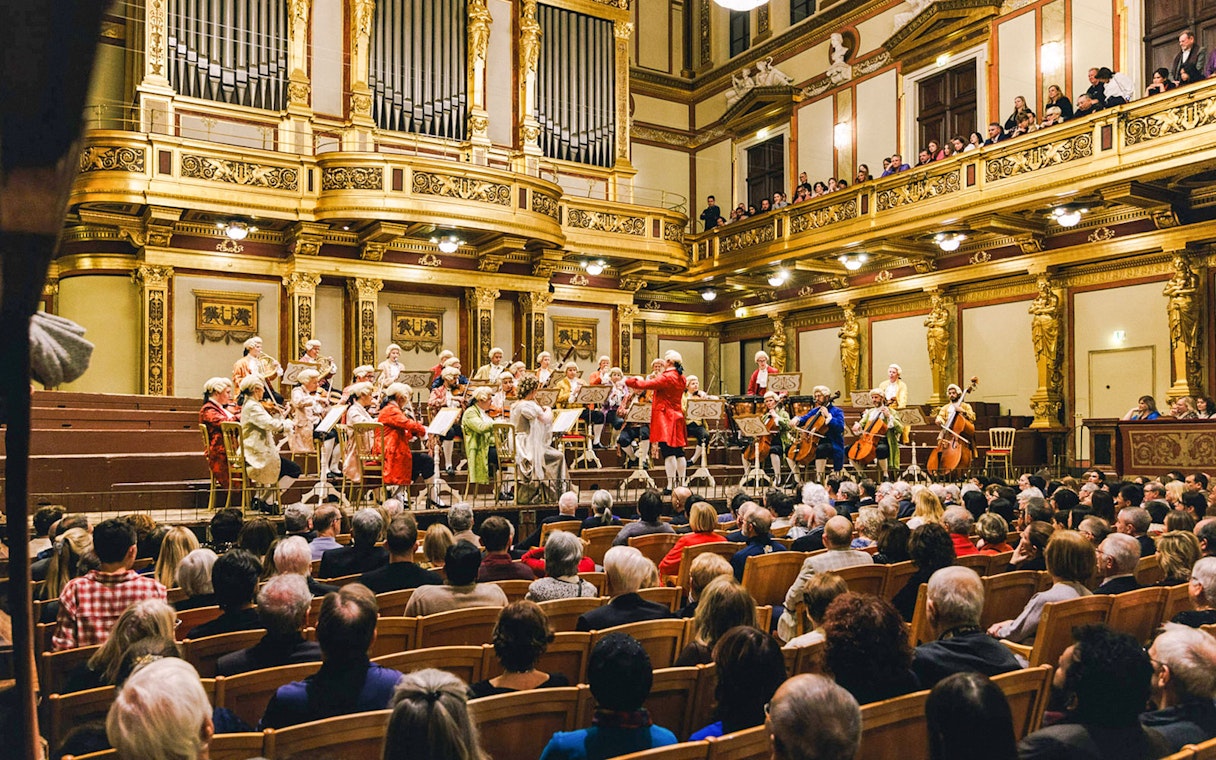 Mozart Orchestra performing in Vienna's Golden Hall at Musikverein.