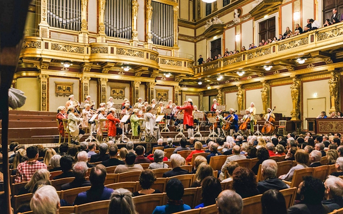 Mozart Orchestra performing in Vienna's Golden Hall at Musikverein.