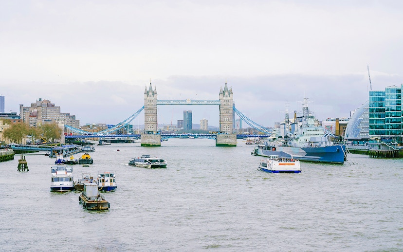 Cruises on the Thames River near Tower Bridge, London.