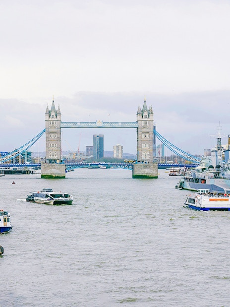 Cruises on the Thames River near Tower Bridge, London.