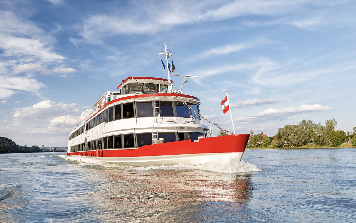 Cruise ship on the Danube River during Wachau day trip near Melk, Austria.