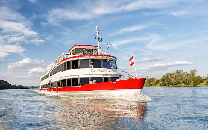 Cruise ship on the Danube River during Wachau day trip near Melk, Austria.