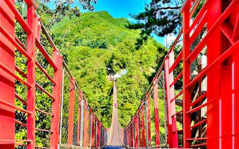 Mt Gamaksan Bridge with red railings surrounded by lush greenery on the Seoul to DMZ tour, South Korea.