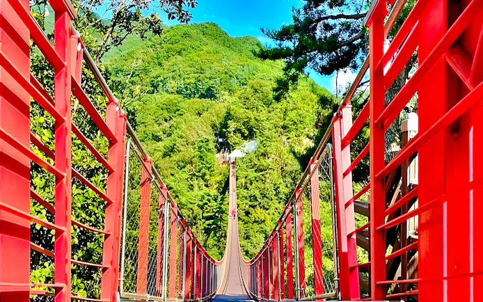 Mt Gamaksan Bridge with red railings surrounded by lush greenery on the Seoul to DMZ tour, South Korea.