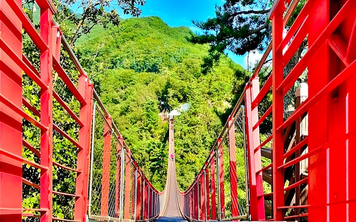 Mt Gamaksan Bridge with red railings surrounded by lush greenery on the Seoul to DMZ tour, South Korea.