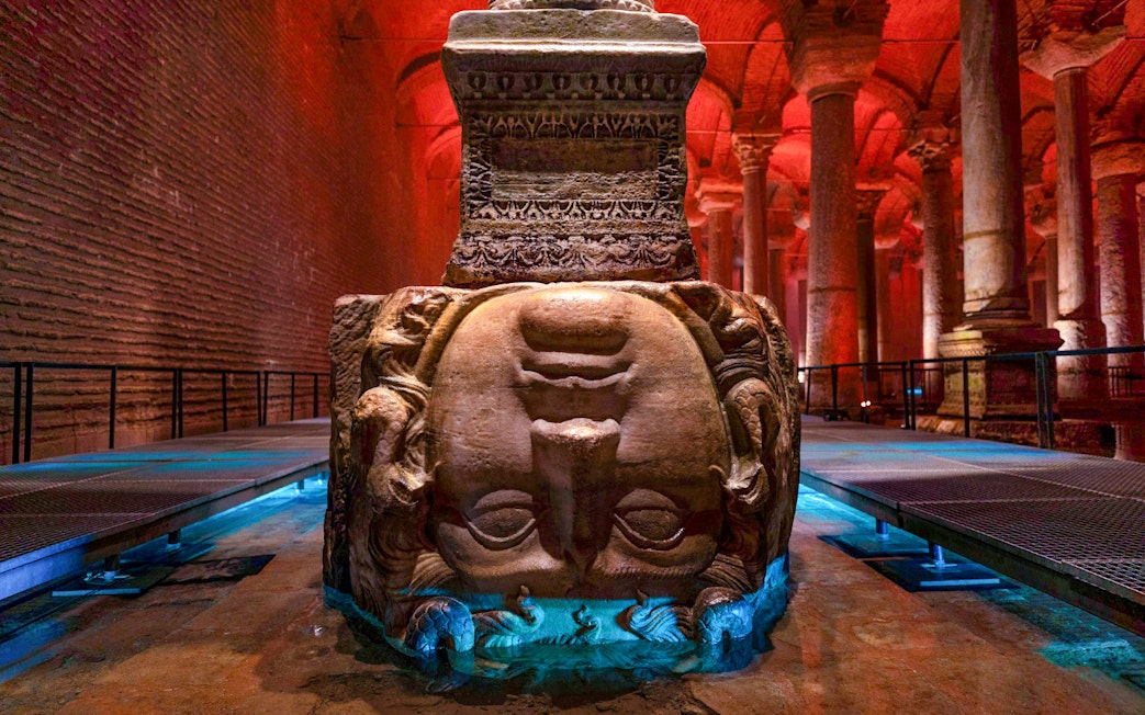 Upside-down Medusa head column in Basilica Cistern, Istanbul.