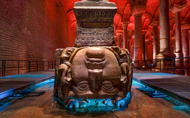 Upside-down Medusa head column in Basilica Cistern, Istanbul.