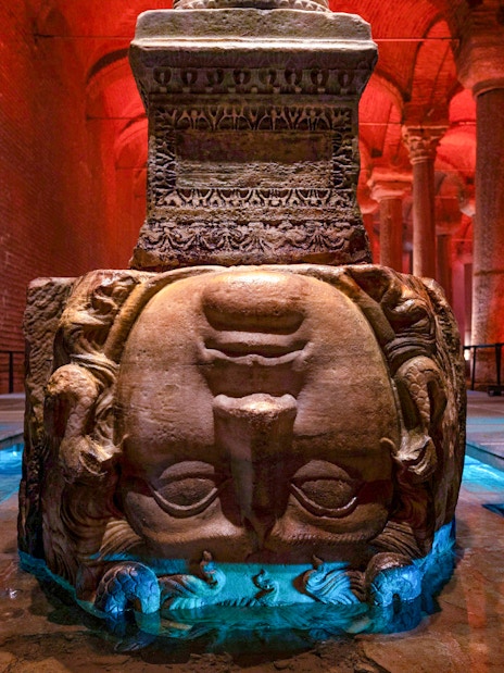 Upside-down Medusa head column in Basilica Cistern, Istanbul.