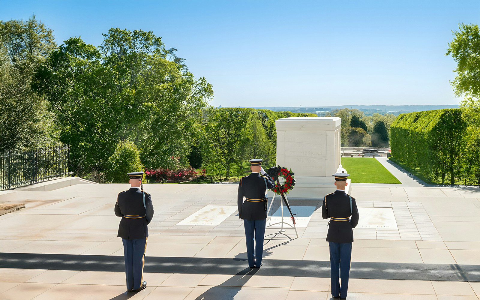 Three soldiers stand at the Tomb of the Unknown Soldier, Arlington National Cemetery, Washington, D.C.