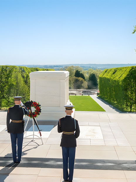 Three soldiers stand at the Tomb of the Unknown Soldier, Arlington National Cemetery, Washington, D.C.