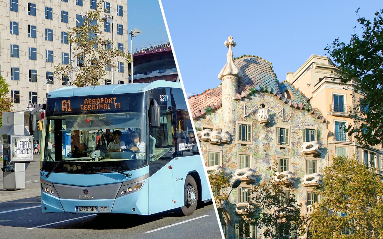 Aerobus at Barcelona airport and Casa Batlló facade in Barcelona.