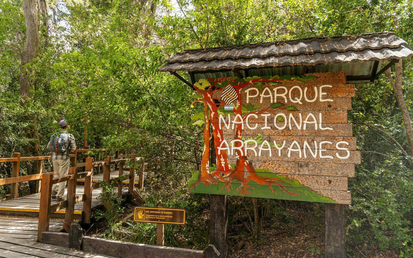 Entrance sign for Arrayanes Forest in Nahuel Huapi National Park, Argentina.