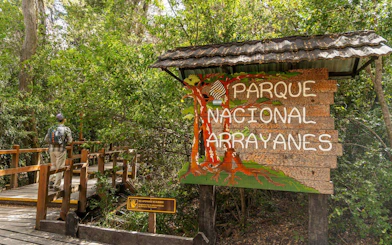 Entrance sign for Arrayanes Forest in Nahuel Huapi National Park, Argentina.
