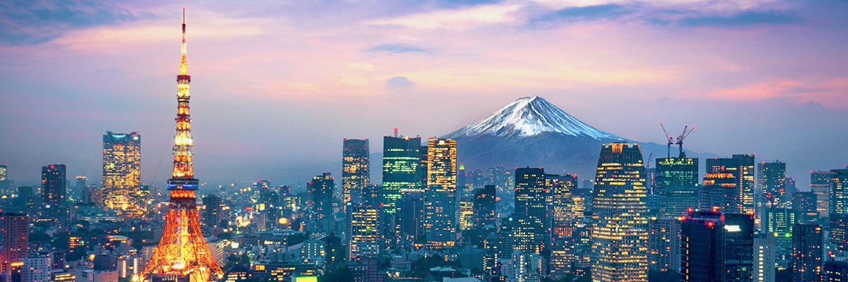 Aerial view of Tokyo cityscape with Mount Fuji in the background, Japan.