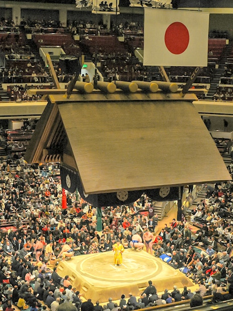 Sumo wrestling match in a crowded Tokyo stadium with a central ring.
