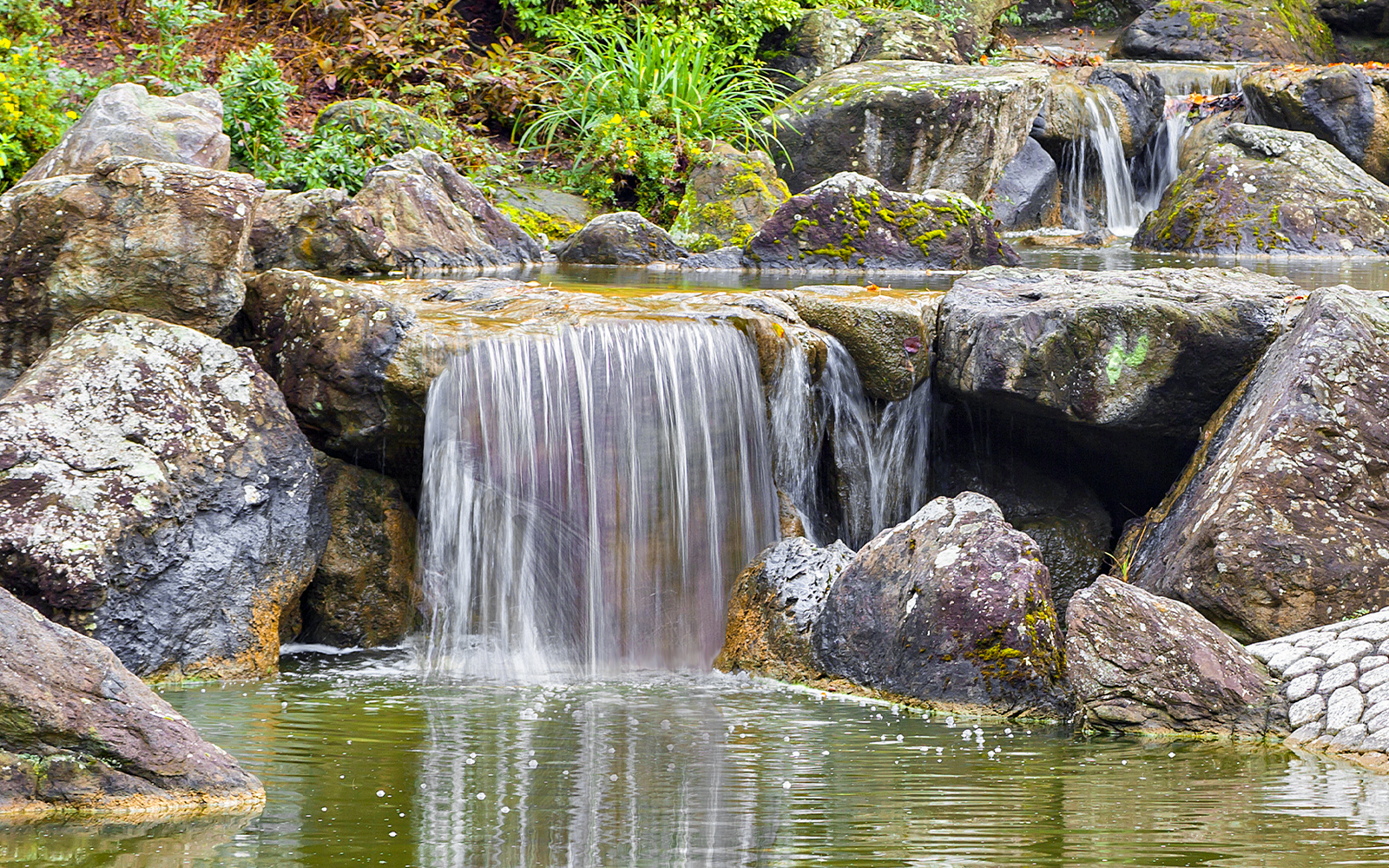 Buckingham Palace garden waterfall with lush greenery and serene water flow.