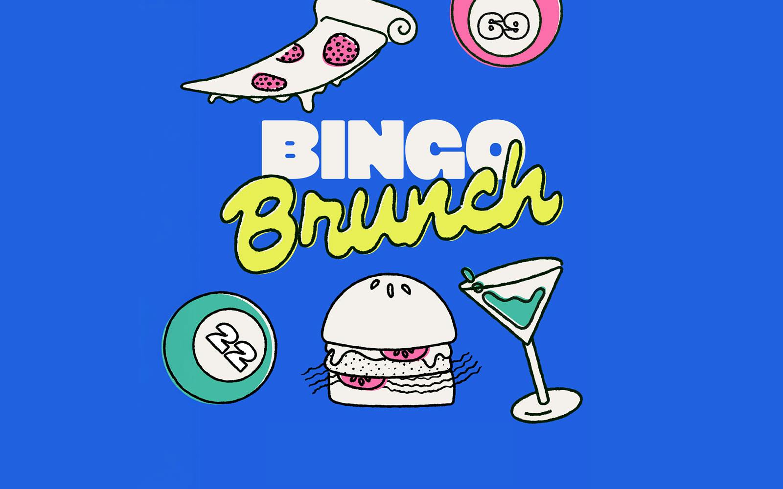 Bingo Brunch party illustration with pizza, burger, cocktail, and bingo balls, Ibiza.