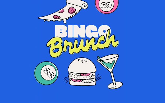 Bingo Brunch party illustration with pizza, burger, cocktail, and bingo balls, Ibiza.