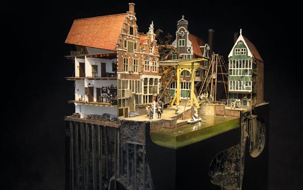 Miniature Amsterdam canal houses and bridge at Miniature Museum.