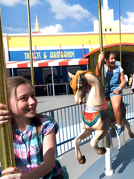Girls riding a carousel at Fun Spot America Theme Parks, Orlando.