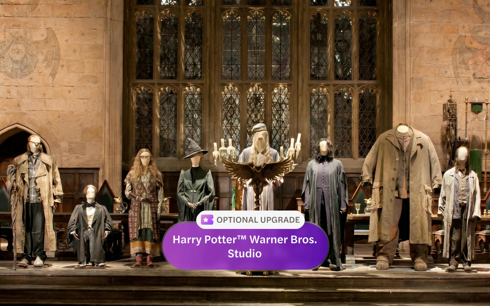Costumes of Harry Potter characters displayed at London tour exhibit.