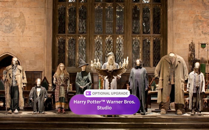 Costumes of Harry Potter characters displayed at London tour exhibit.