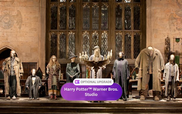 Costumes of Harry Potter characters displayed at London tour exhibit.