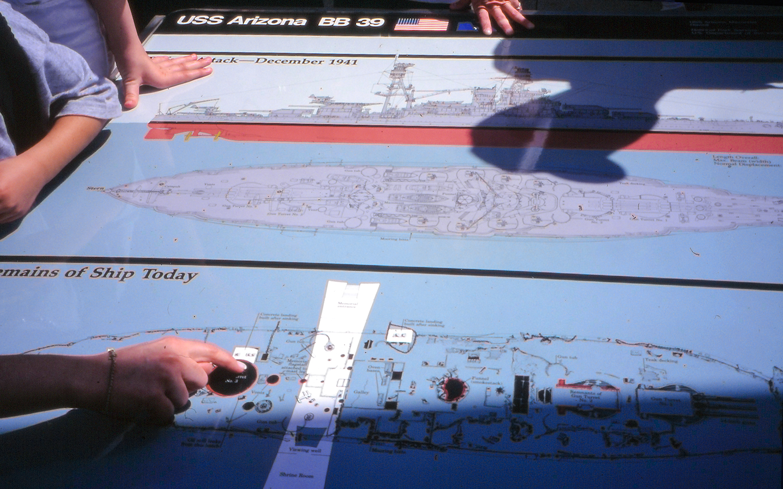 USS Arizona Memorial diagram with visitor hands pointing at ship layout, Pearl Harbor.