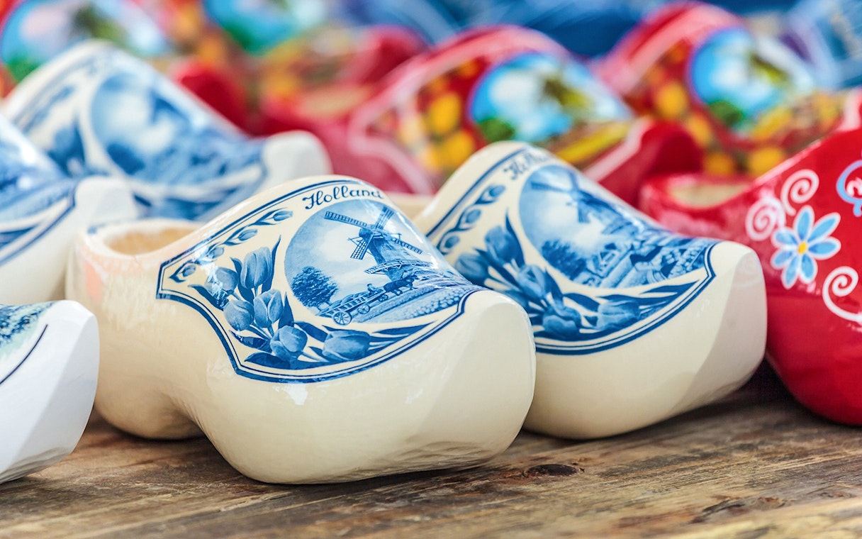 Decorative Dutch clogs with windmill design at Zaanse Schans, Netherlands.