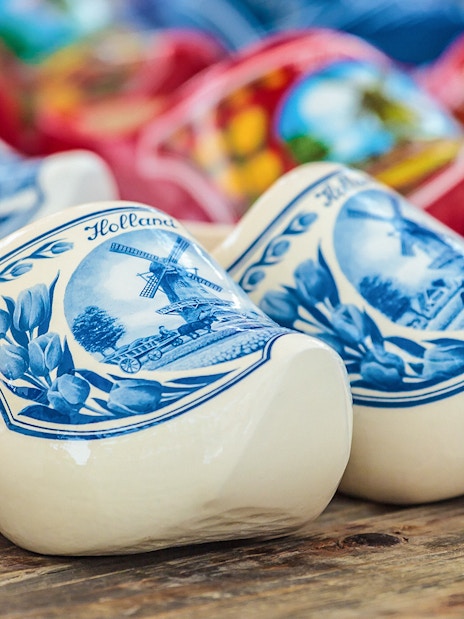 Decorative Dutch clogs with windmill design at Zaanse Schans, Netherlands.