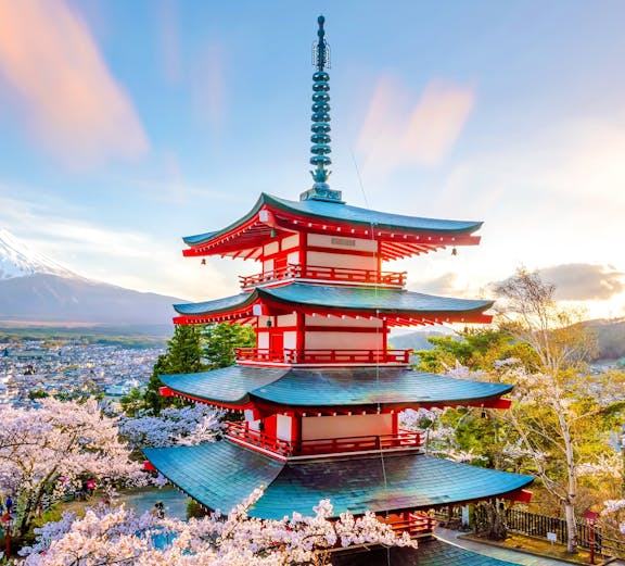 Chureito Pagoda with cherry blossoms and Mount Fuji in the background, Japan.